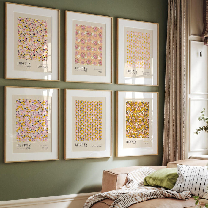 Gallery wall set, exhibition set of 6 prints, liberty print pattern, gallery wall art, museum poster, flower market print, digital download