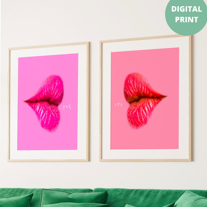 Gallery wall art set of 3 prints, pink prints, pink lips wall decor, maximalist wall decor, pink orange wall art, digital  download,