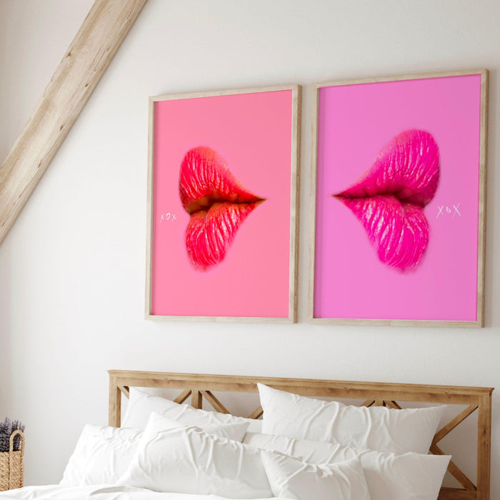 Gallery wall art set of 3 prints, pink prints, pink lips wall decor, maximalist wall decor, pink orange wall art, digital  download,