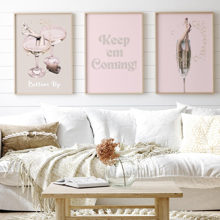Funky female champagne set of 6, retro vintage print, trendy wall art, vintage bar printable, girly cocktail print, digital dorm room decor