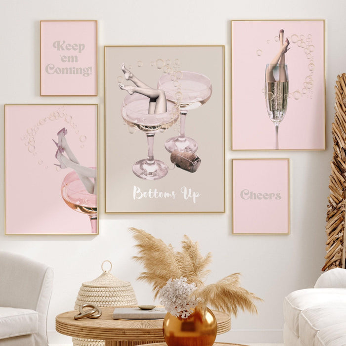 Funky female champagne set of 6, retro vintage print, trendy wall art, vintage bar printable, girly cocktail print, digital dorm room decor