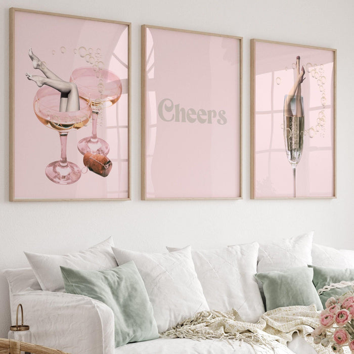 Funky female champagne set of 6, retro vintage print, trendy wall art, vintage bar printable, girly cocktail print, digital dorm room decor