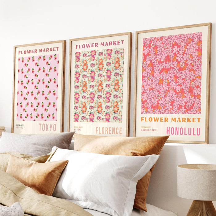 Flower wall art set of 9, trendy retro print, colorful boho poster, floral city decor, bohohome flower prints, large print, flower print