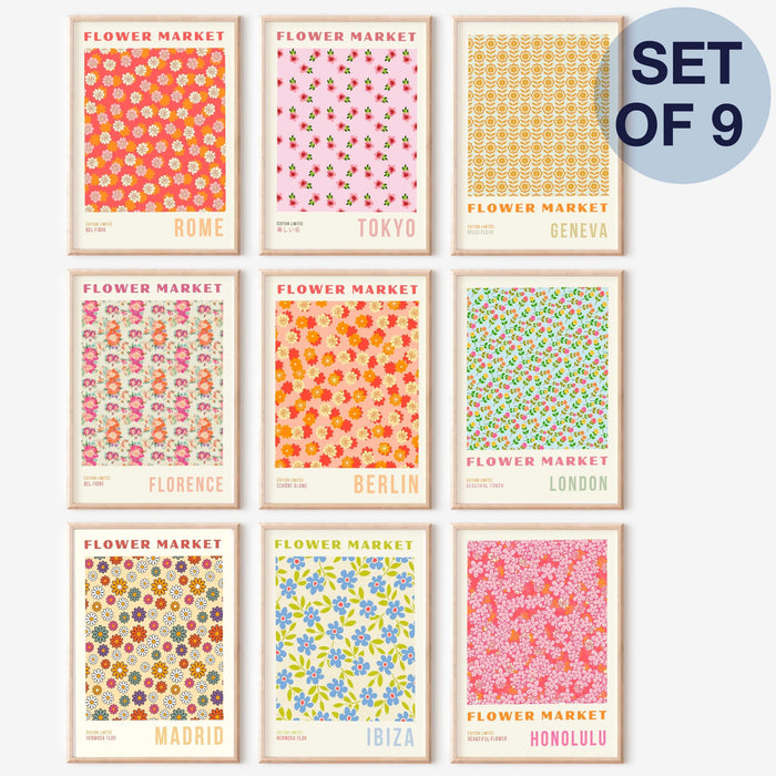 Flower wall art set of 9, trendy retro print, colorful boho poster, floral city decor, bohohome flower prints, digital floral design