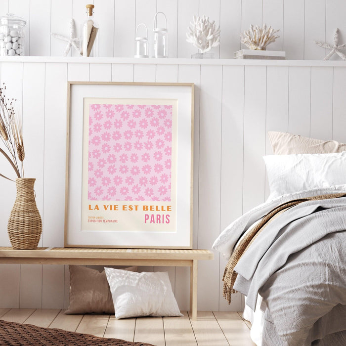 Flower market print, botanical wall art, floral drawing posters, pink paris poster, digital download, 60s flower print, orange pink decor,