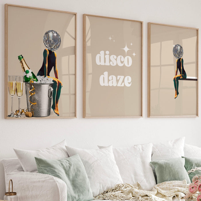 Disco ball head poster, funky disco 70s gallery wall set of 6, digital artwork, luxury mirrorball printable, girly dorm room artt trendy