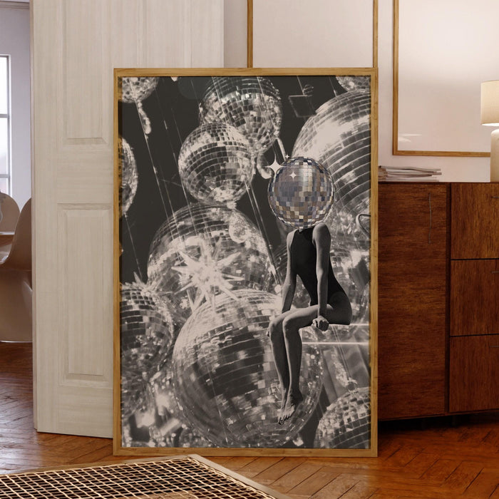 Disco ball head poster, funky disco 70s gallery wall set of 6, digital artwork, luxury mirrorball printable, girly dorm room artt trendy