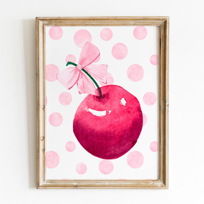 Cute cherry wall art print, pink girly poster, coquette pink bow soft girl bedroom decor, trendy wall art, preppy college apartment print