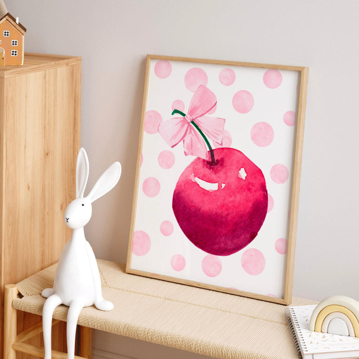 Cute cherry wall art print, pink girly poster, coquette pink bow soft girl bedroom decor, trendy wall art, preppy college apartment print