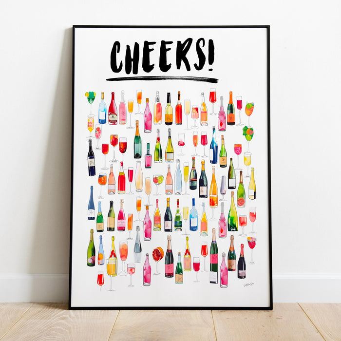 Cheers bar cart art retro trendy watercolor champagne cocktail poster aesthetic girly cute preppy pink prints gift for wine lover 1 print