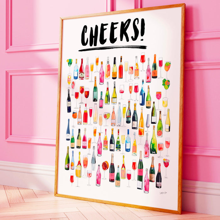 Cheers bar cart art retro trendy watercolor champagne cocktail poster aesthetic girly cute preppy pink prints gift for wine lover 1 print