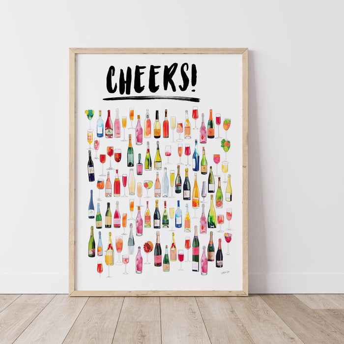 Cheers bar cart art retro trendy watercolor champagne cocktail poster aesthetic girly cute preppy pink prints gift for wine lover 1 print
