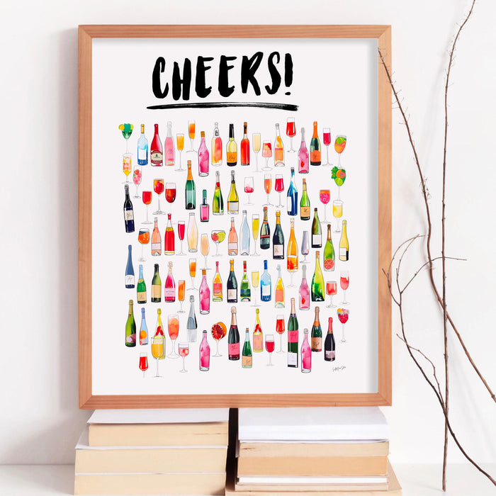 Cheers bar cart art retro trendy watercolor champagne cocktail poster aesthetic girly cute preppy pink prints gift for wine lover 1 print