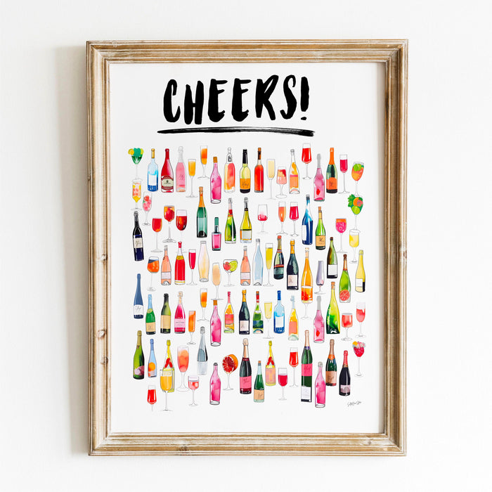 Cheers bar cart art retro trendy watercolor champagne cocktail poster aesthetic girly cute preppy pink prints gift for wine lover 1 print