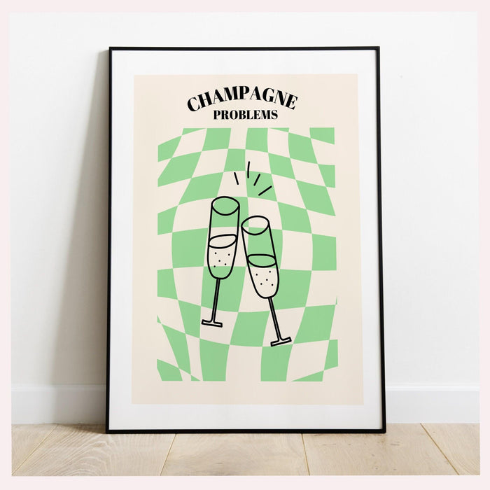 Champagne problems,swiftie gift,funky checkered wavy poster,retro print , retro,disco ball decor,70's preppy poster ,minimalist, green y2k