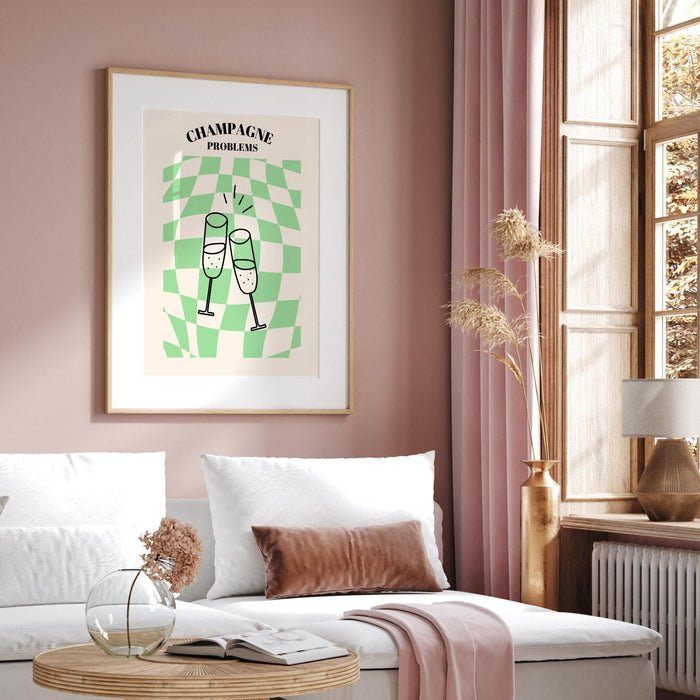 Champagne problems,swiftie gift,funky checkered wavy poster,retro print , retro,disco ball decor,70's preppy poster ,minimalist, green y2k