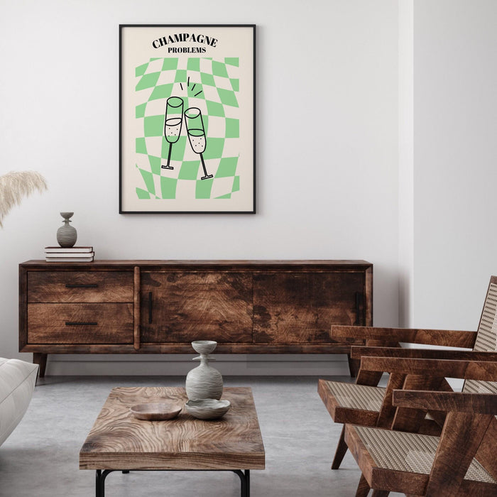 Champagne problems,swiftie gift,funky checkered wavy poster,retro print , retro,disco ball decor,70's preppy poster ,minimalist, green y2k