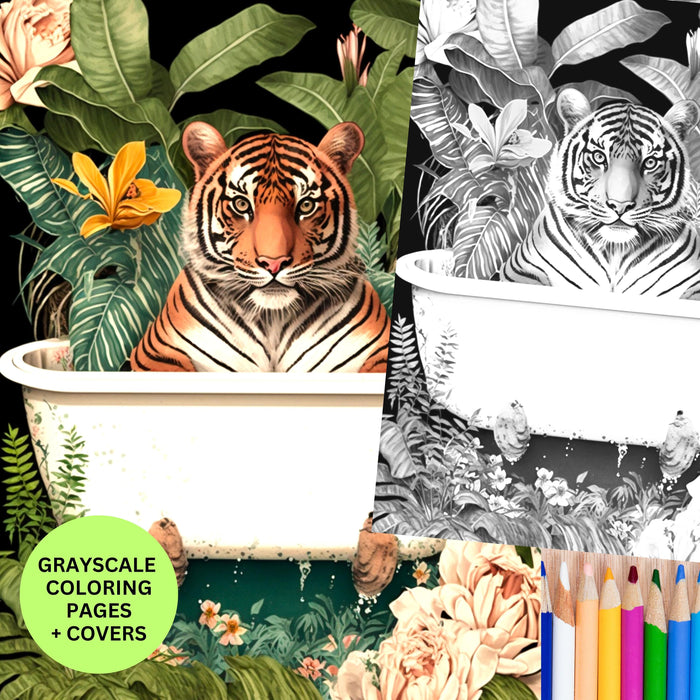 Animal coloring page, tiger safari, printable adult coloring page kid coloring digital download grayscale instant download printable