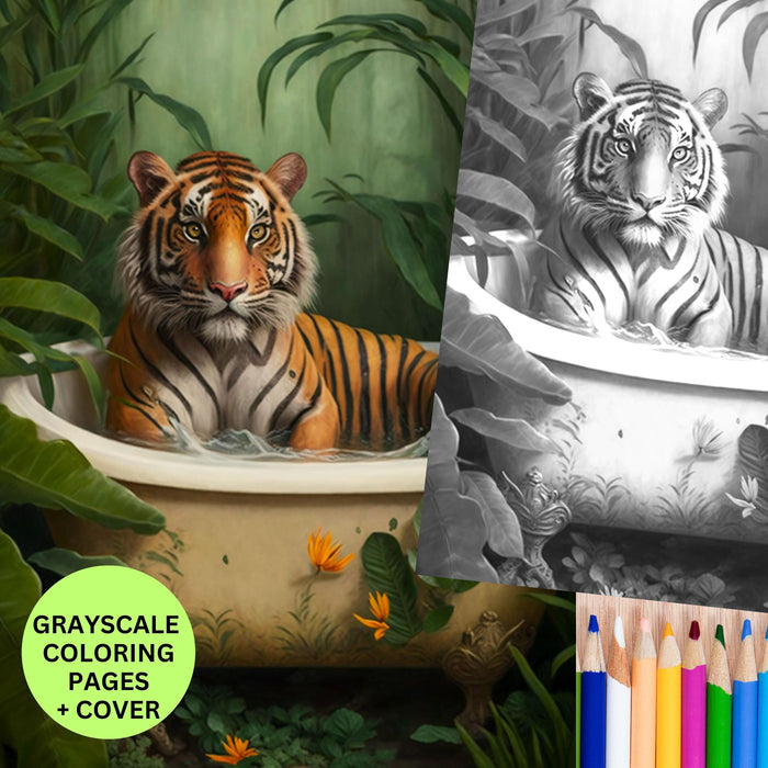 Animal coloring page, tiger safari, printable adult coloring page kid coloring digital download grayscale instant download printable