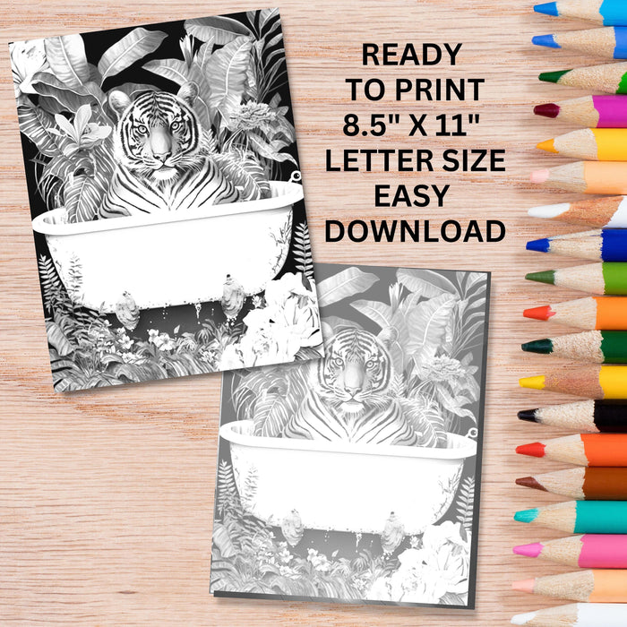 Animal coloring page, tiger safari, printable adult coloring page kid coloring digital download grayscale instant download printable