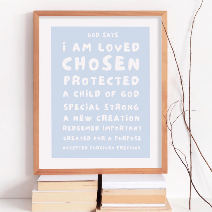 God Says I Am Loved Christian Scripture Gift Baby Blue Poster Nursery Wall Art Printable Maximalist Christian Dorm Digital Download