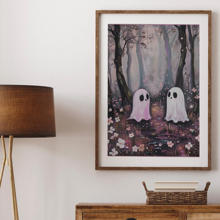 Cute ghost in the forest halloween print nursery wall art spooky ghost painting digital download 1 print