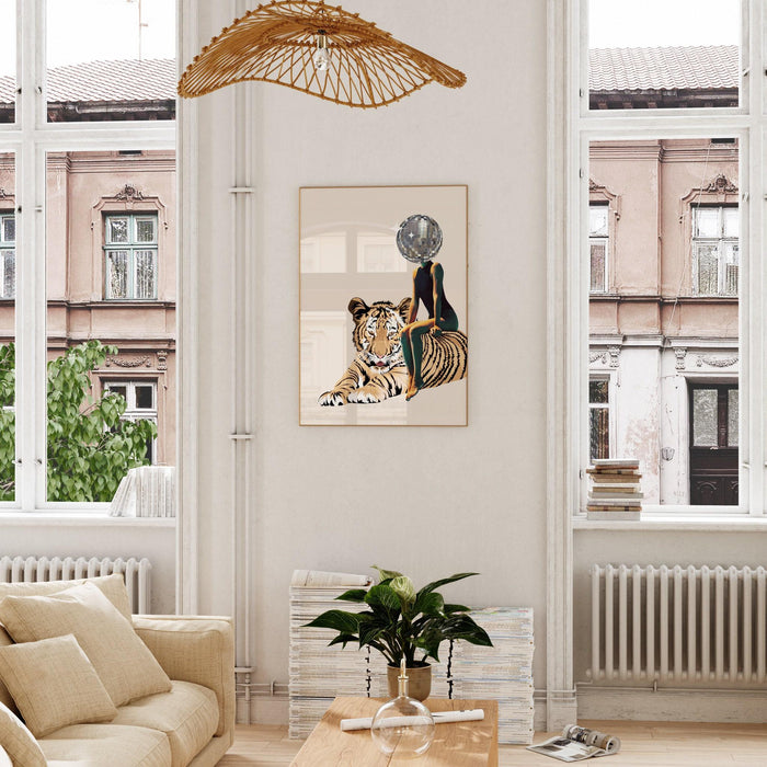 Tiger disco ball head poster trendy disco 70s print preppy retro wall art, digital artwork mirrorball printable, girly dorm room artt