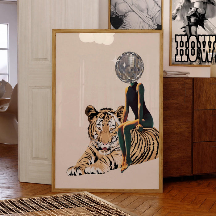 Tiger disco ball head poster trendy disco 70s print preppy retro wall art, digital artwork mirrorball printable, girly dorm room artt