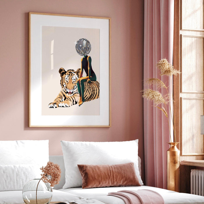 Tiger disco ball head poster trendy disco 70s print preppy retro wall art, digital artwork mirrorball printable, girly dorm room artt