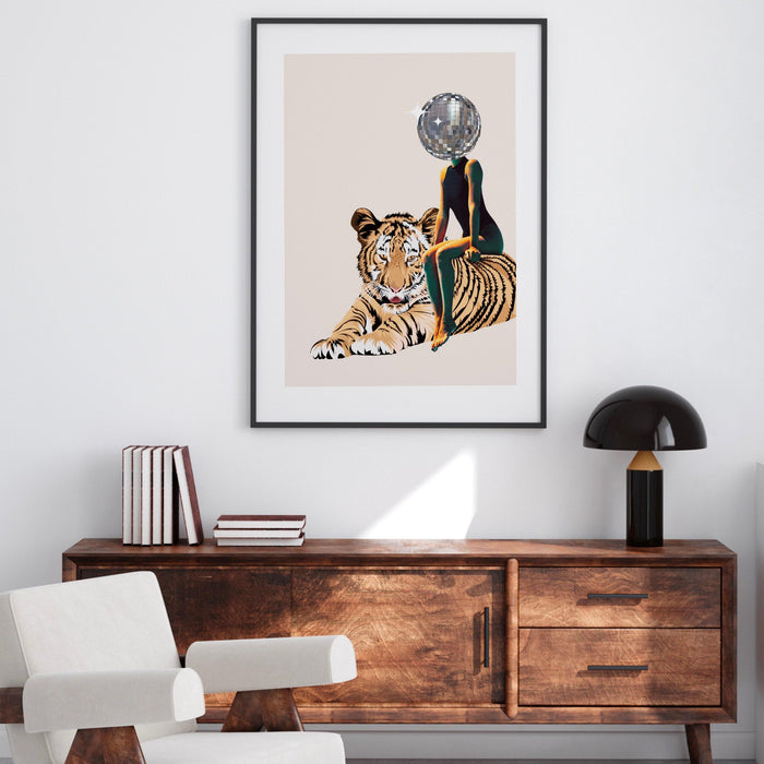Tiger disco ball head poster trendy disco 70s print preppy retro wall art, digital artwork mirrorball printable, girly dorm room artt