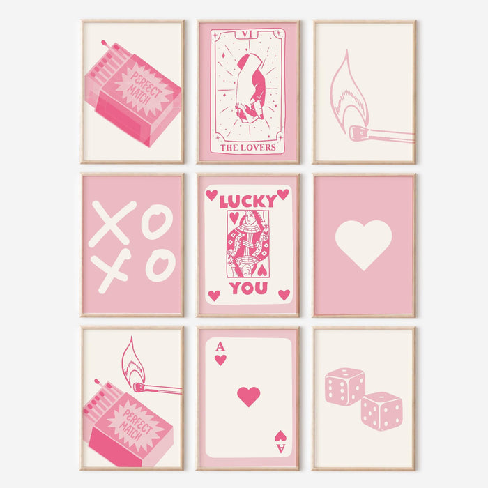 Trendy retro wall art set of 9,retro trendy aesthetic print,lucky you poster,pink print,trendy wall art,funny art, minimalist, digital art