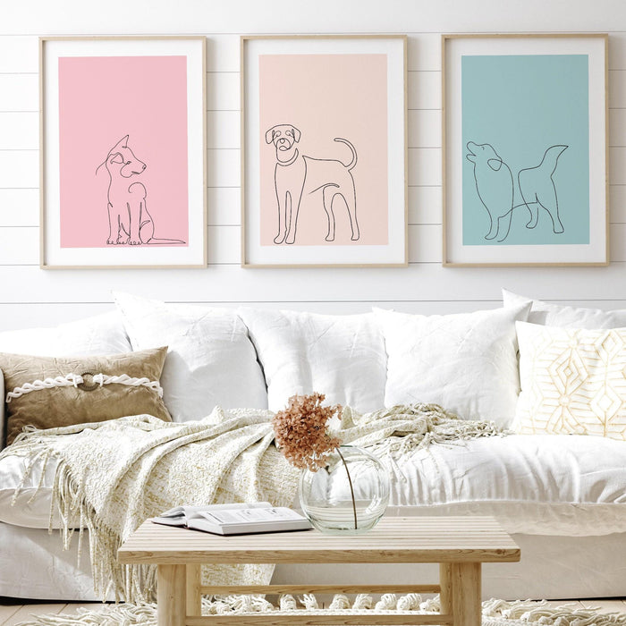 Gallery wall art set of 3, dog prints, boho dog line art poster, blush pink print, pale pink wall decor, minimalist wall art, pink wall art,