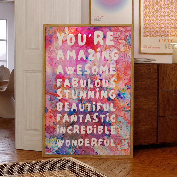 You are amazing pink orange poster, funky 70s pink wall art, digital artwork,printable, girly dorm room art trendy retro digital download