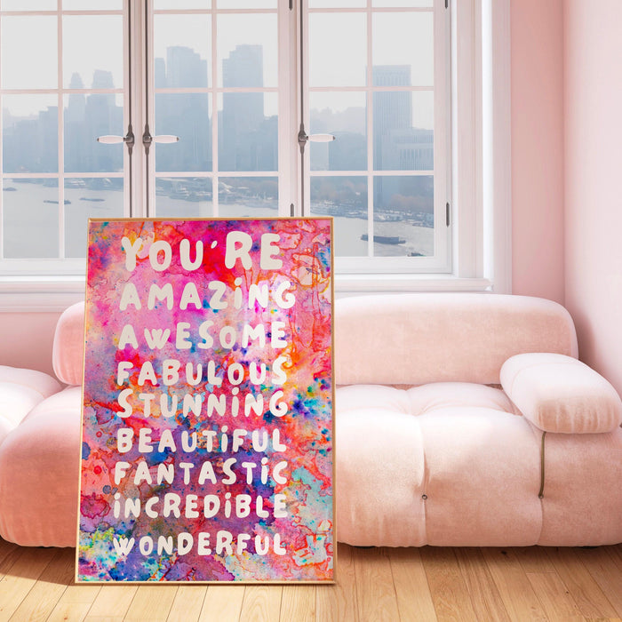 You are amazing pink orange poster, funky 70s pink wall art, digital artwork,printable, girly dorm room art trendy retro digital download