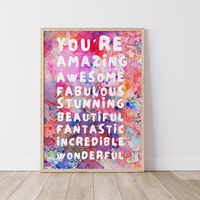 You are amazing pink orange poster, funky 70s pink wall art, digital artwork,printable, girly dorm room art trendy retro digital download