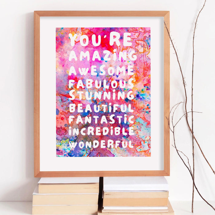 You are amazing pink orange poster, funky 70s pink wall art, digital artwork,printable, girly dorm room art trendy retro digital download