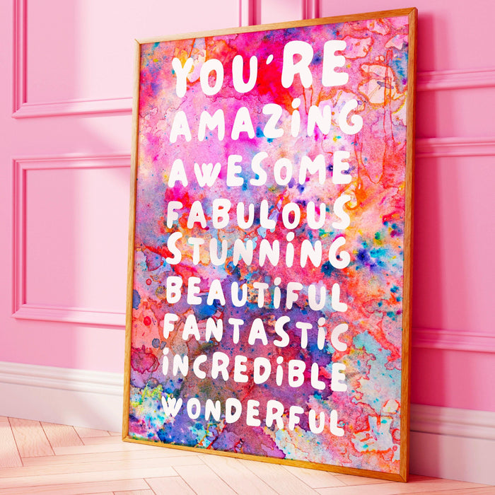 You are amazing pink orange poster, funky 70s pink wall art, digital artwork,printable, girly dorm room art trendy retro digital download