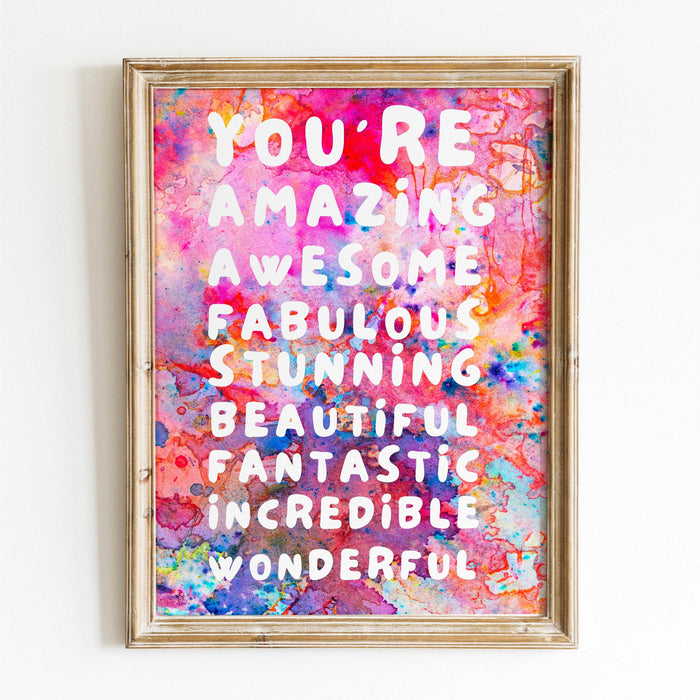 You are amazing pink orange poster, funky 70s pink wall art, digital artwork,printable, girly dorm room art trendy retro digital download