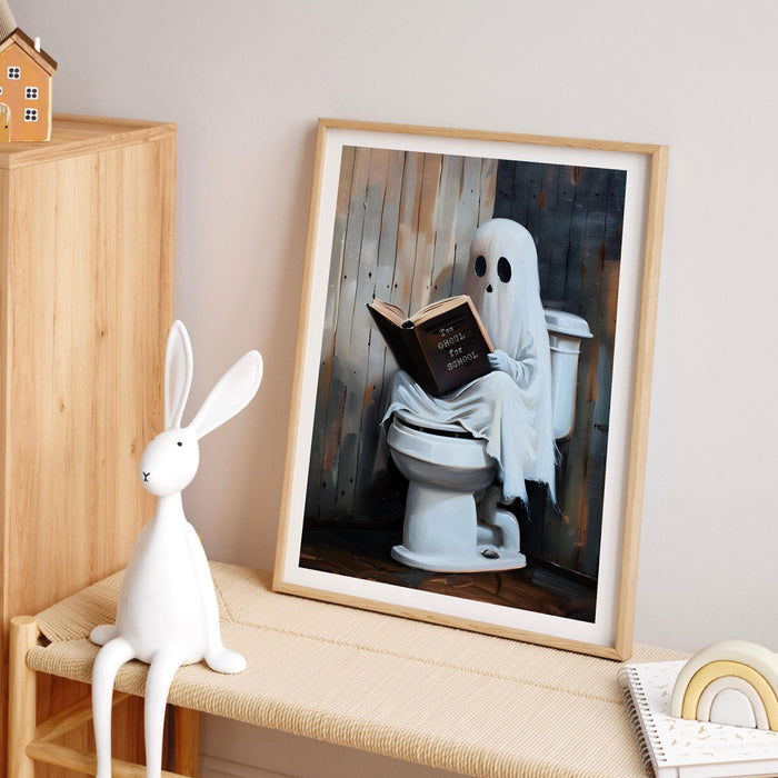 Too ghoul for school cute ghost reading book toilet funny halloween bathroom print nursery wall art halloween classroom art digital download