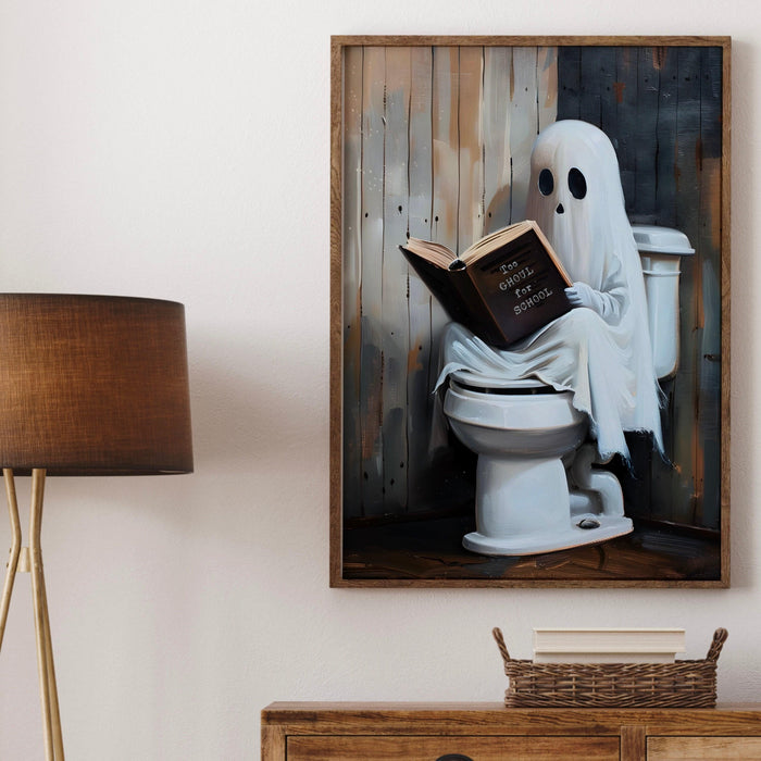 Too ghoul for school cute ghost reading book toilet funny halloween bathroom print nursery wall art halloween classroom art digital download