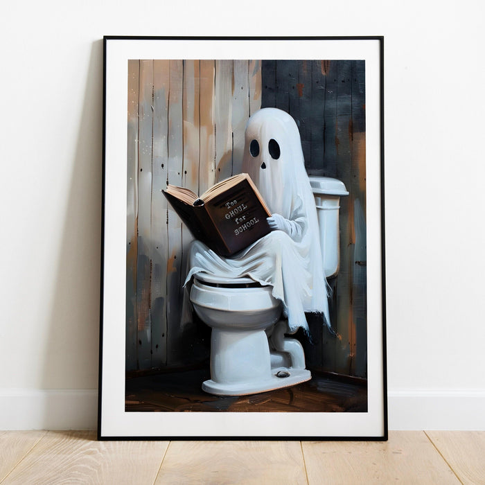 Too ghoul for school cute ghost reading book toilet funny halloween bathroom print nursery wall art halloween classroom art digital download