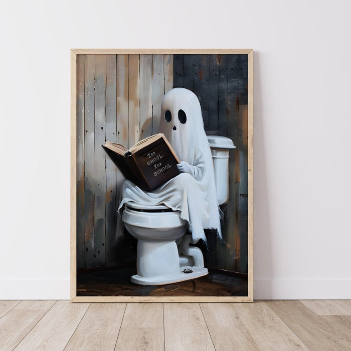 Too ghoul for school cute ghost reading book toilet funny halloween bathroom print nursery wall art halloween classroom art digital download