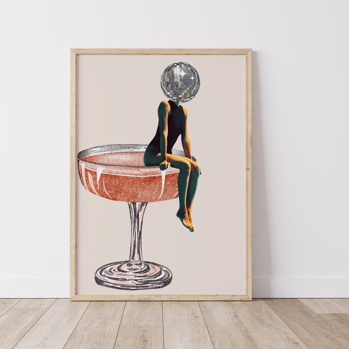 Disco ball head poster, funky disco 70s print, retro wall art, digital artwork, luxury mirrorball printable, girly dorm room artt trendy