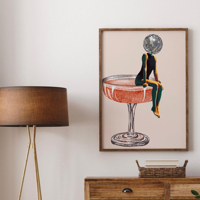 Disco ball head poster, funky disco 70s print, retro wall art, digital artwork, luxury mirrorball printable, girly dorm room artt trendy