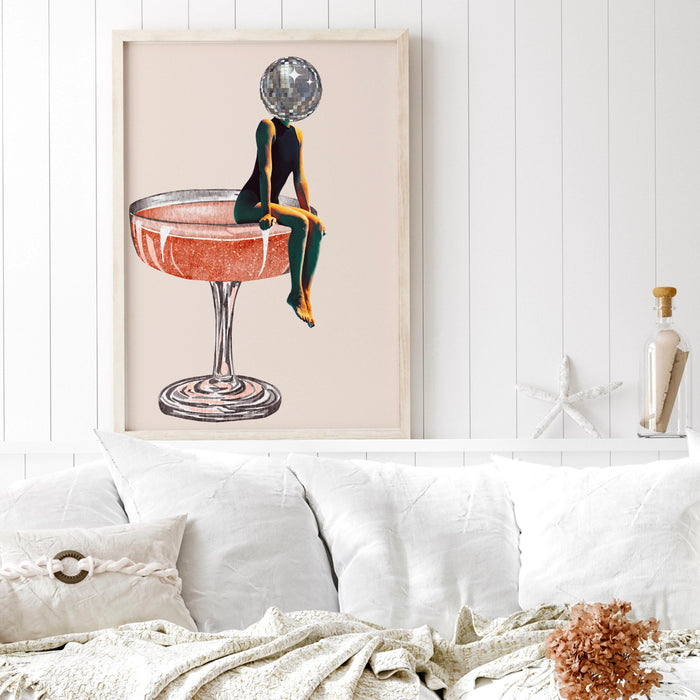 Disco ball head poster, funky disco 70s print, retro wall art, digital artwork, luxury mirrorball printable, girly dorm room artt trendy
