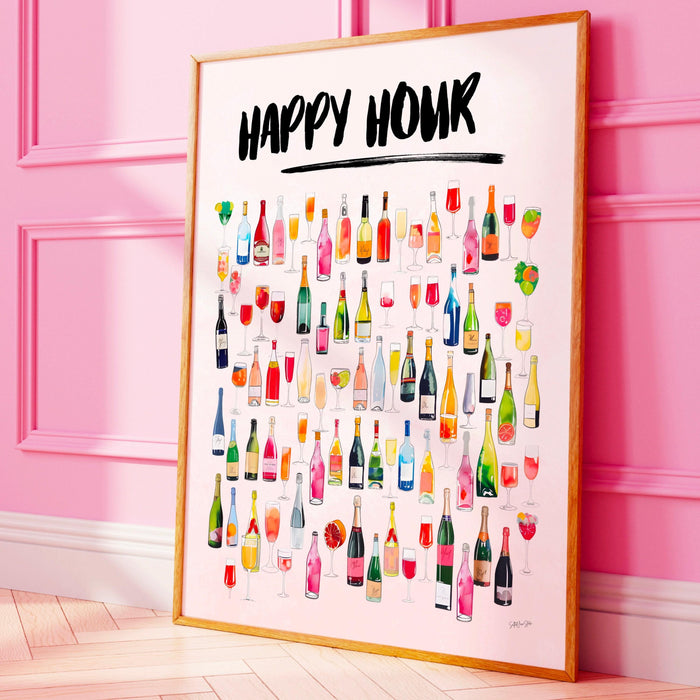 Happy hour retro watercolor champagne cocktail poster aesthetic girly bar cart art preppy pink posters cute champagne wall art printable
