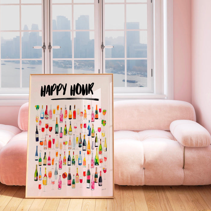 Happy hour retro watercolor champagne cocktail poster aesthetic girly bar cart art preppy pink posters cute champagne wall art printable