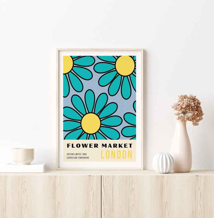 Blue flower market print, digital download, botanical poster, flower market, botanical wall art, digital art print, flower market print
