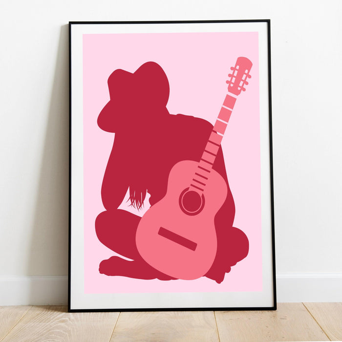 Preppy cowgirl print, pink cowgirl hat boots retro style poster, cowgirl with guitar, preppy wall print, printable wall art, cute dorm decor
