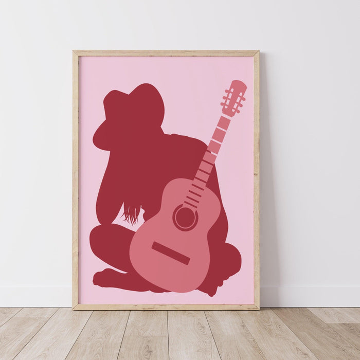 Preppy cowgirl print, pink cowgirl hat boots retro style poster, cowgirl with guitar, preppy wall print, printable wall art, cute dorm decor